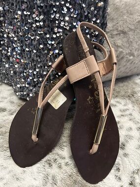 Beige T-Strap Gold Detail Flat Sandals